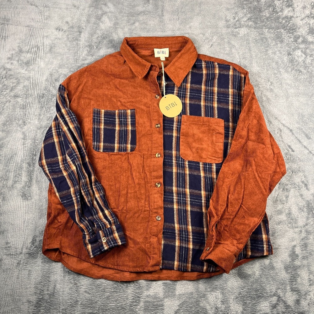 BiBi Corduroy Shirt Womens Large Brown Navy Plaid Patchwork Panel Button Up